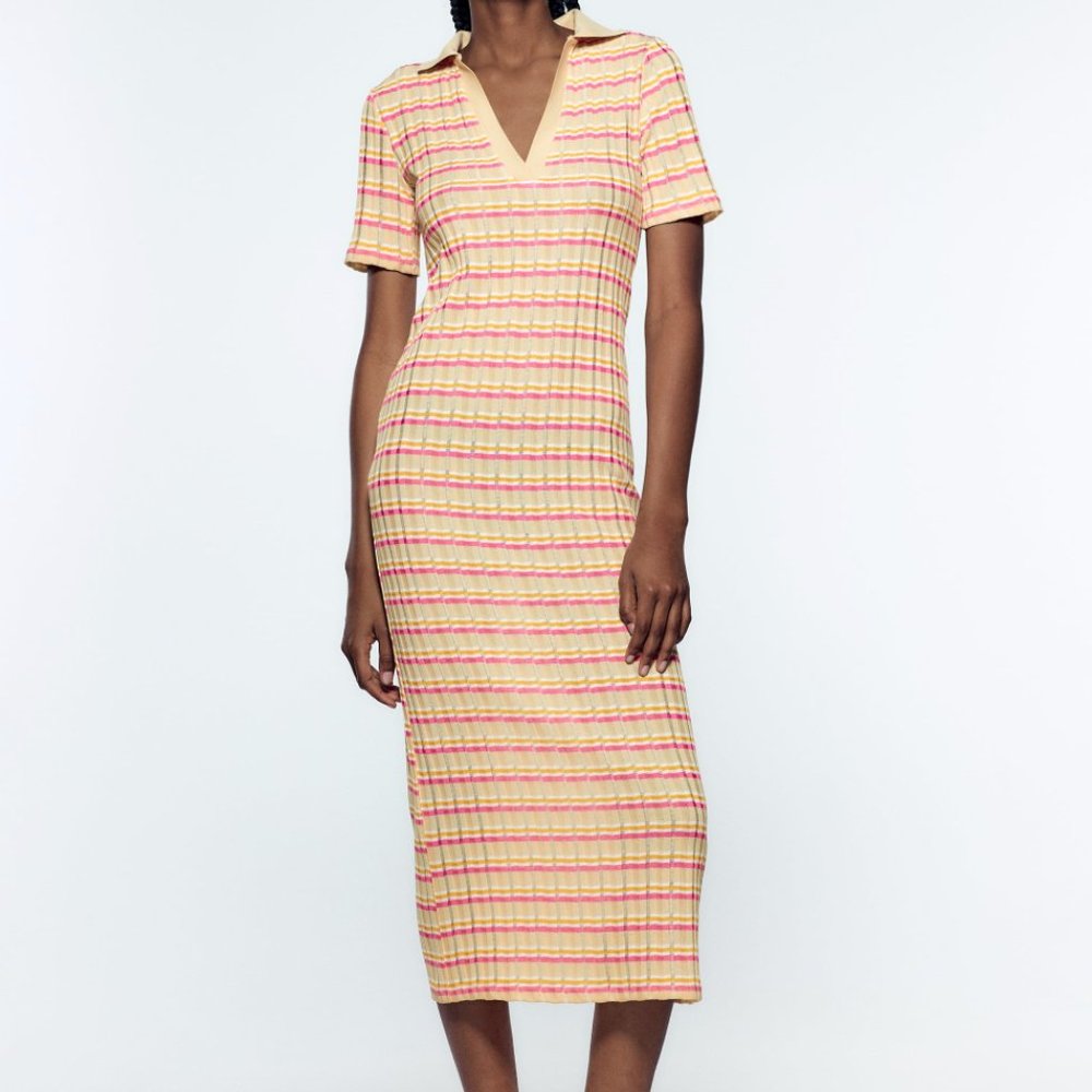 ZARA Nude Pink Orange Stretch Striped Ribbed Polo Midi Dress $49.90